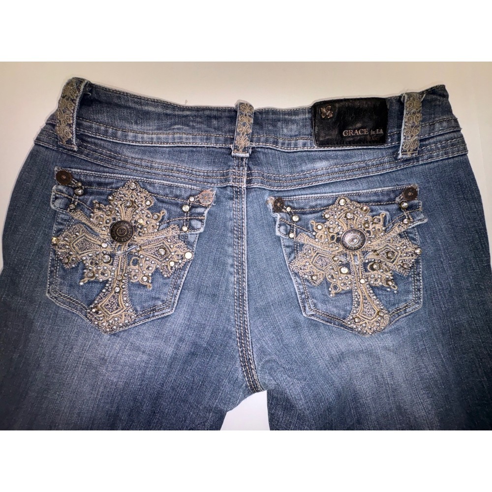 Grace in LA Womens Bootcut Jeans Blue Rhinestone Cross Distressed Size 11/29 - Picture 6 of 10